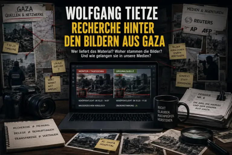 Symbolische Recherche-Collage zu Wolfgang Tietzes Untersuchungen von Gaza-Bildern, Medienquellen und journalistischen Netzwerken.