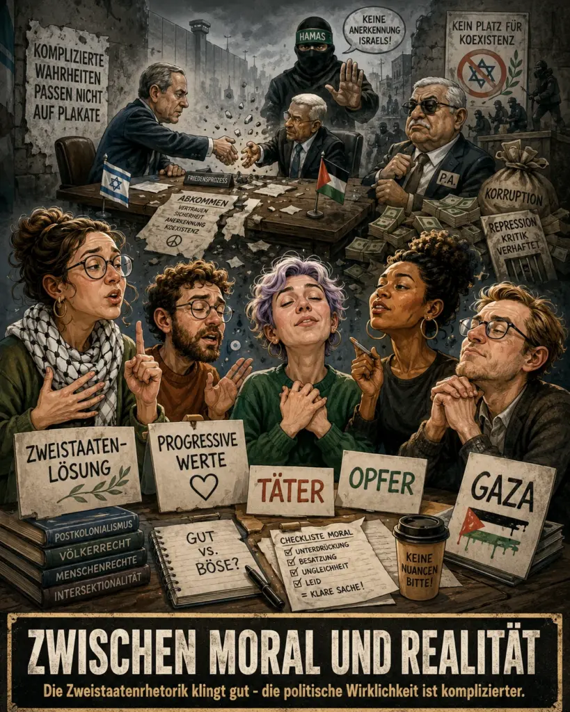 Zwischen Moral und Realität Politische Karikatur zur Zweistaatenlösung mit progressiven Stimmen im Vordergrund und Hamas, Palästinensischer Autonomiebehörde sowie gescheitertem Friedensprozess im Hintergrund