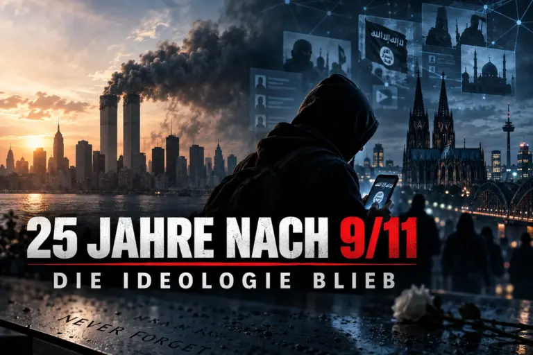 Symbolische Montage zu 25 Jahren nach 9/11 mit New York, Europa und digitaler jihadistischer Radikalisierung.