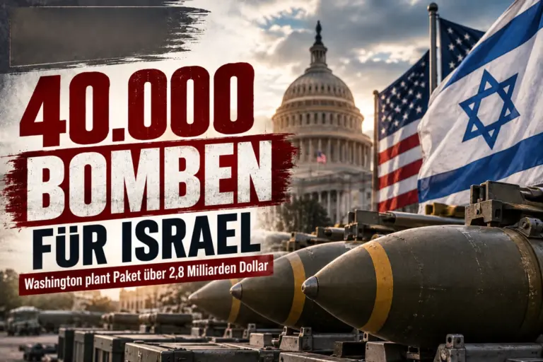 Titelbild zum geplanten US-Munitionspaket für Israel mit 40.000 Bomben, US-Kapitol sowie israelischer und amerikanischer Flagge