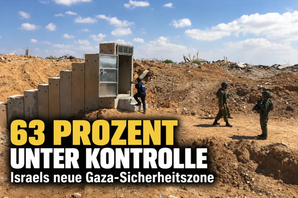 Israelische Soldaten an einem freigelegten Zugang im Gazastreifen mit der Aufschrift 63 Prozent unter Kontrolle