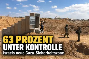 Israelische Soldaten an einem freigelegten Zugang im Gazastreifen mit der Aufschrift 63 Prozent unter Kontrolle
