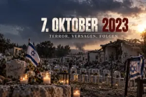 Symbolische Gedenkszene mit zerstörten Häusern, israelischen Flaggen, leeren Stühlen und Kerzen