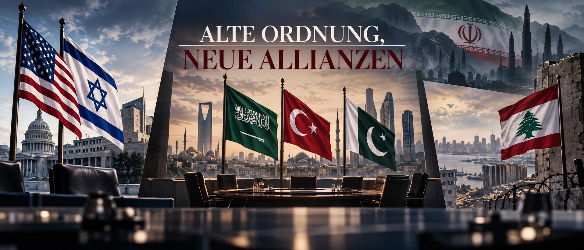 Alte Ordnung, neue Allianzen im Nahen Osten Symbolische Montage zu einem Nahen Osten im Umbau mit USA, Israel, Saudi-Arabien, Türkei, Pakistan, Libanon und Iran