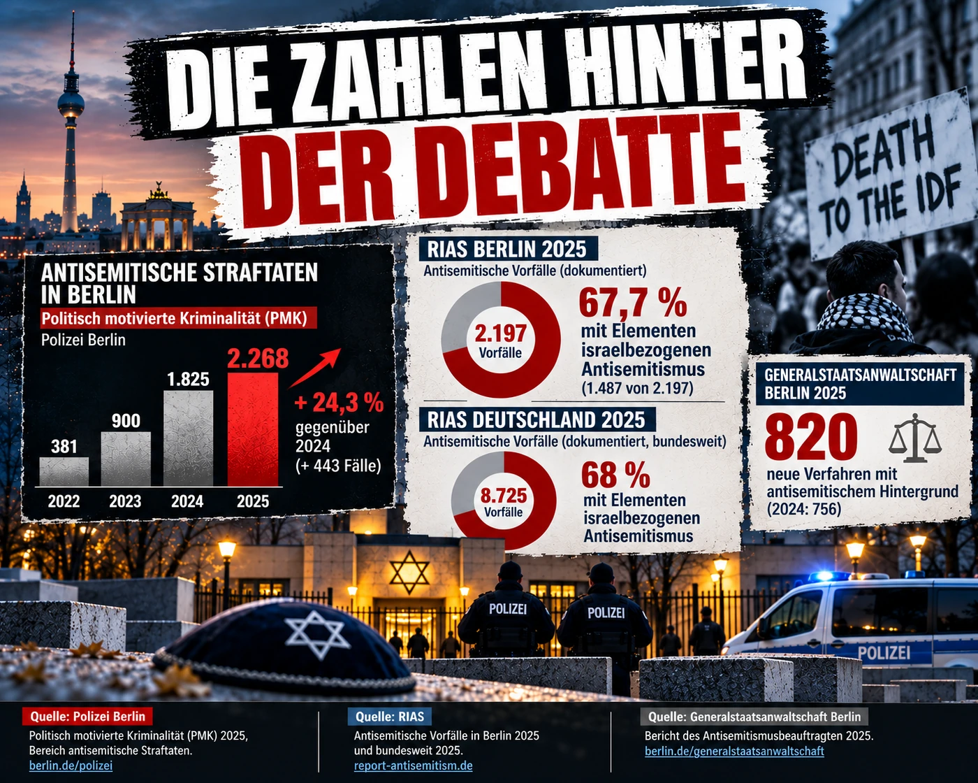 Die Zahlen hinter der Debatte Infografik zu antisemitischen Straftaten und Vorfällen in Berlin 2025 mit Daten von Polizei, RIAS und Generalstaatsanwaltschaft