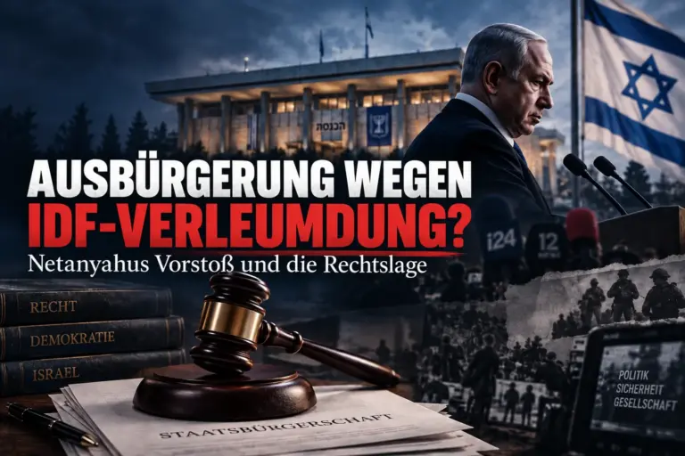 Symbolische Darstellung zu Netanyahus Vorstoß für den Staatsbürgerschaftsentzug bei IDF-Verleumdung