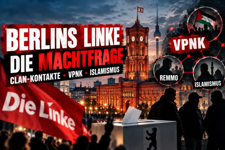 Symbolische Montage zur Berliner Linken mit Rotem Rathaus, VPNK, Remmo und Islamismus-Debatte