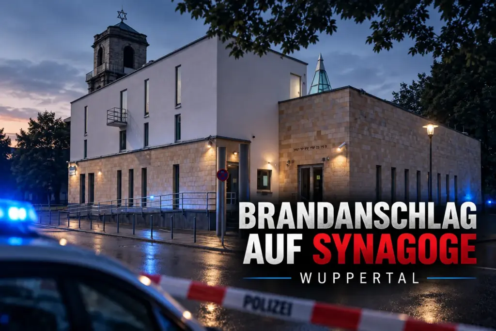 Bergische Synagoge in Wuppertal mit Polizeilicht und Absperrband, symbolische redaktionelle Darstellung
