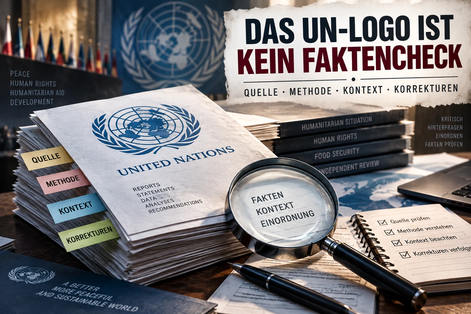 Das UN-Logo ist kein Faktencheck Symbolische Infografik mit UN-Berichten, Lupe und Prüfkriterien für Quelle, Methode, Kontext und Korrekturen