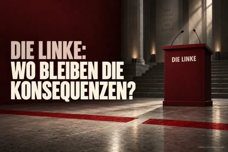 Symbolisches rotes Rednerpult mit Aufschrift „Die Linke“ hinter einer unterbrochenen roten Linie, daneben „Die Linke: Wo bleiben die Konsequenzen?“