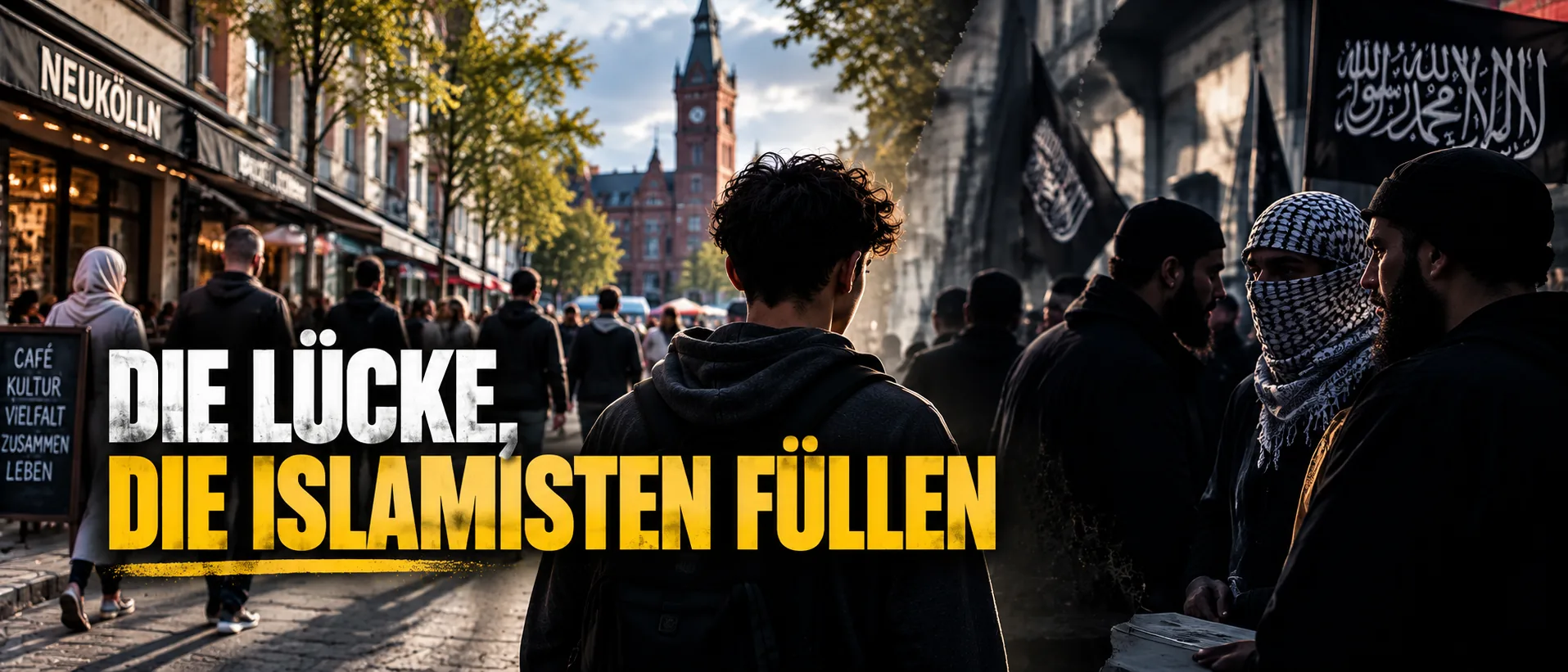 Die Lücke, die Islamisten füllen Symbolische Darstellung eines jungen Mannes zwischen urbanem Alltag und islamistischem Gegenmilieu