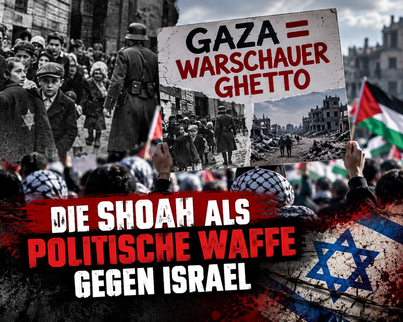 Die Shoah als politische Waffe gegen Israel Symbolische Montage mit historischer Ghettoszene, Plakat „Gaza = Warschauer Ghetto“, zerstörter Stadtlandschaft und israelischer Flagge.