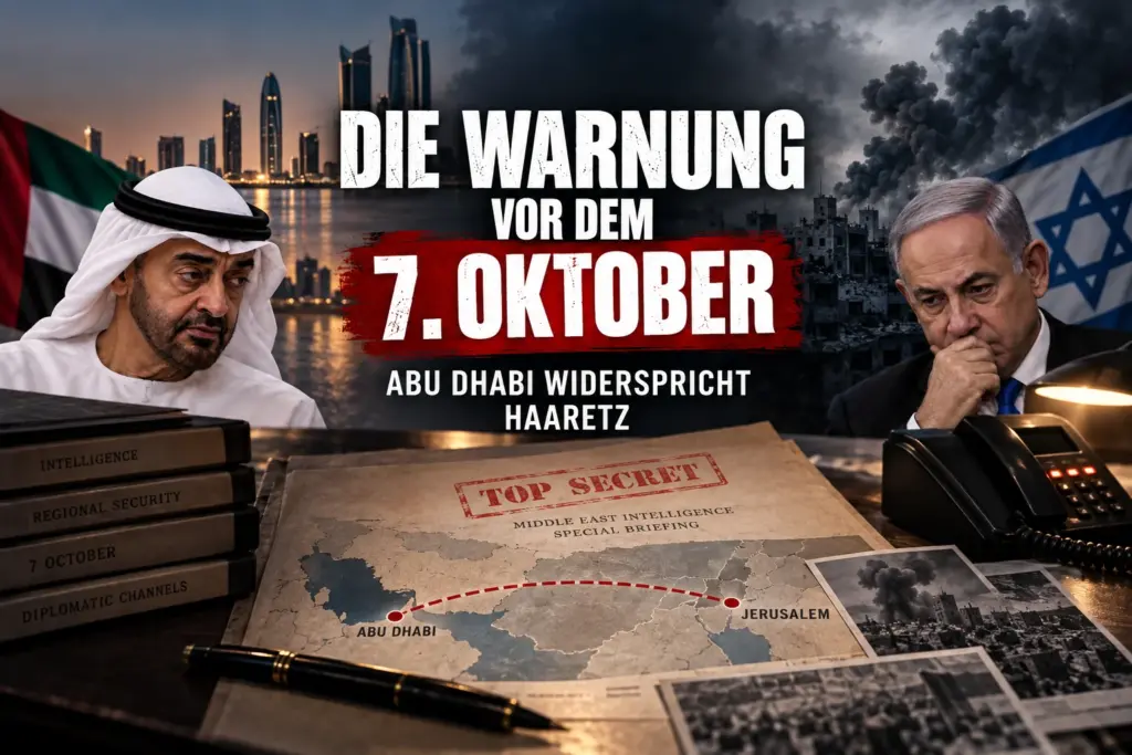 Symbolische Montage mit Mohamed bin Zayed, Benjamin Netanyahu und Warnhinweisen vor dem 7. Oktober