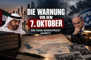 Symbolische Montage mit Mohamed bin Zayed, Benjamin Netanyahu und Warnhinweisen vor dem 7. Oktober