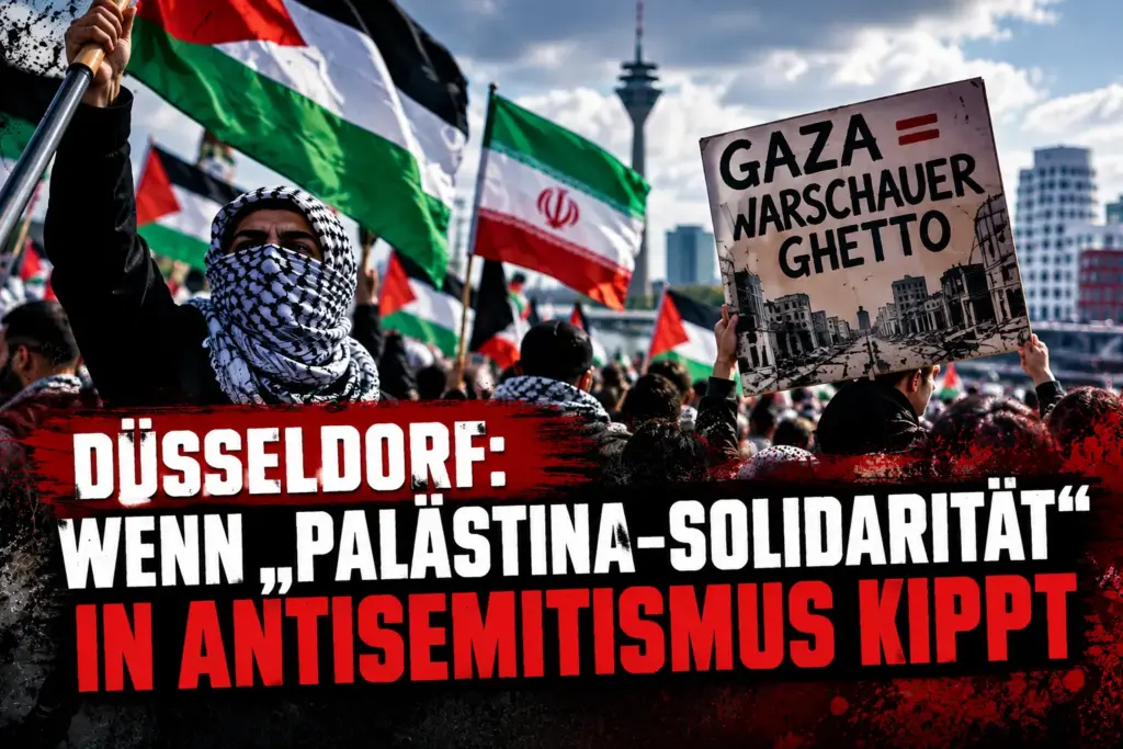 Symbolische Protestszene zur Düsseldorfer Palästina-Demonstration mit Palästina- und Iran-Fahnen sowie Plakat „Gaza = Warschauer Ghetto“.