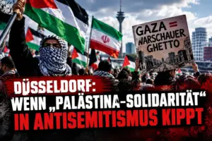 Symbolische Protestszene zur Düsseldorfer Palästina-Demonstration mit Palästina- und Iran-Fahnen sowie Plakat „Gaza = Warschauer Ghetto“.