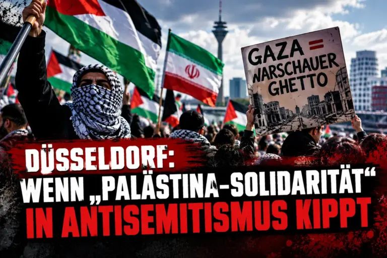Symbolische Protestszene zur Düsseldorfer Palästina-Demonstration mit Palästina- und Iran-Fahnen sowie Plakat „Gaza = Warschauer Ghetto“.