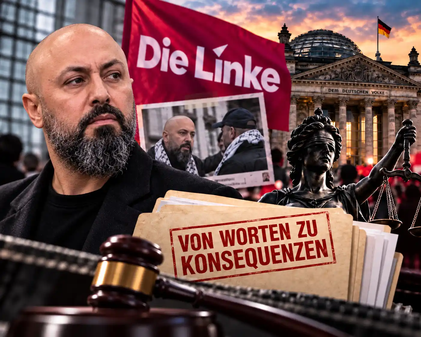 Ferat Koçak: Von Worten zu Konsequenzen Ferat Koçak vor einer Linke-Fahne mit Reichstag, Justitia und dem Schriftzug „Von Worten zu Konsequenzen“