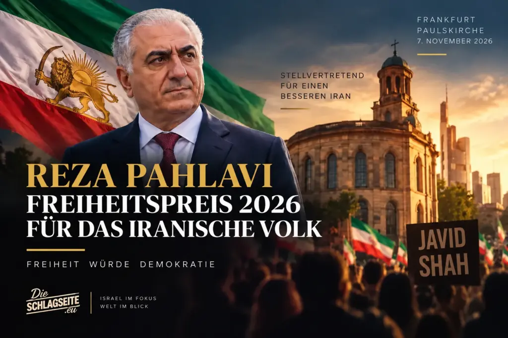 Symbolische Darstellung zum Freiheitspreis 2026 mit Reza-Pahlavi-Schriftzug, iranischer Flagge, Frankfurt-Motiv und Schild „Javid Shah“