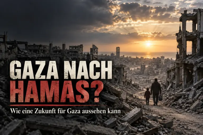 Gazas Zukunft beginnt dort, wo die Herrschaft der Hamas endet 19 Zerstörte Stadtlandschaft in Gaza mit einem Erwachsenen und einem Kind zwischen Ruinen bei Sonnenuntergang.