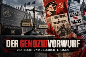 Symbolische Waage zum Genozidvorwurf zwischen Recht, Beweisen und politischer Instrumentalisierung