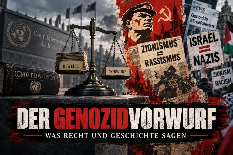 Symbolische Waage zum Genozidvorwurf zwischen Recht, Beweisen und politischer Instrumentalisierung