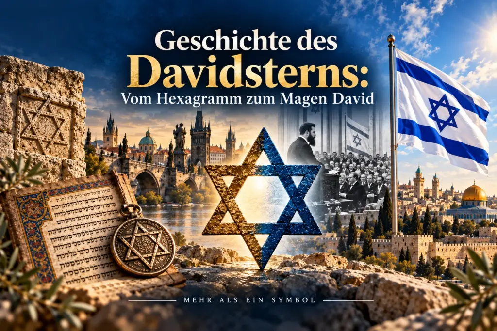 Symbolische Montage zur Geschichte des Davidsterns: vom Hexagramm über jüdische Verwendungen und Zionismus zur israelischen Flagge