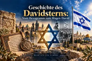 Symbolische Montage zur Geschichte des Davidsterns: vom Hexagramm über jüdische Verwendungen und Zionismus zur israelischen Flagge