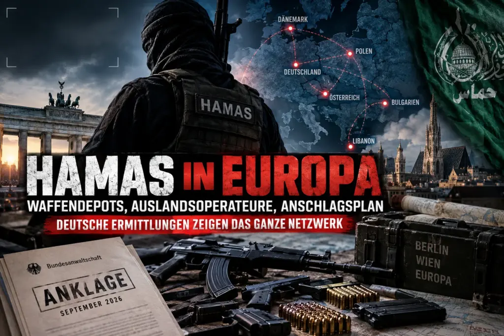 Titelbild zum Artikel über Hamas-Strukturen in Europa mit vermummtem Hamas-Operateur, markierten europäischen Staaten, Waffen, Munition und Ermittlungsbezug.