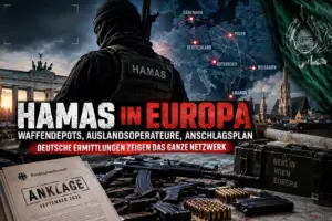 Titelbild zum Artikel über Hamas-Strukturen in Europa mit vermummtem Hamas-Operateur, markierten europäischen Staaten, Waffen, Munition und Ermittlungsbezug.