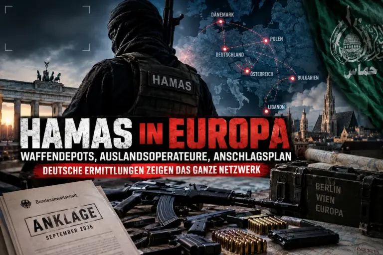 Titelbild zum Artikel über Hamas-Strukturen in Europa mit vermummtem Hamas-Operateur, markierten europäischen Staaten, Waffen, Munition und Ermittlungsbezug.