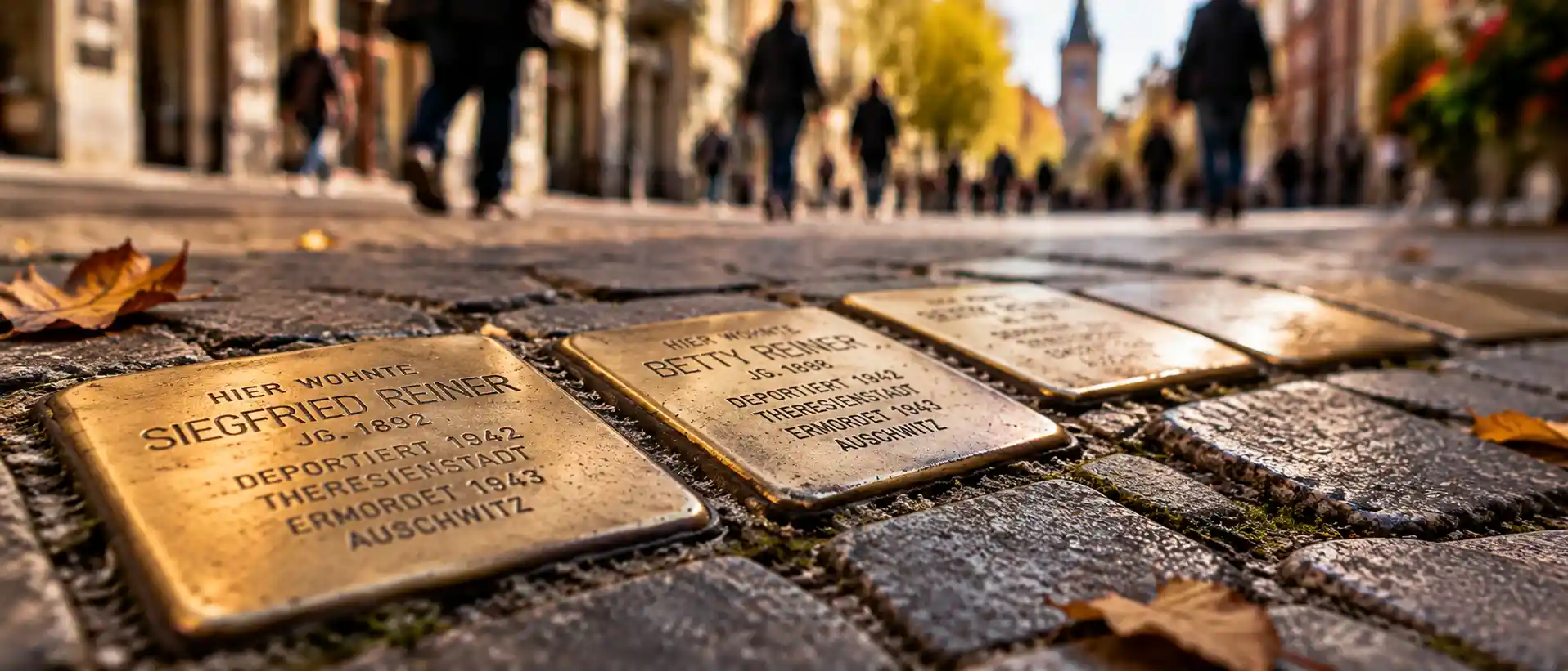 Erinnerung im Alltag Mehrere Stolpersteine im Pflaster einer Fußgängerzone, im Hintergrund unscharfe Passanten und eine Stadtszene