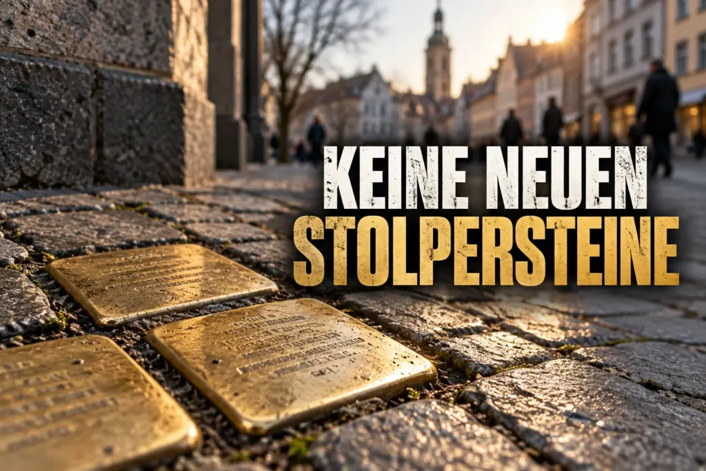 Stolpersteine im Kopfsteinpflaster mit der Überschrift „Keine neuen Stolpersteine“