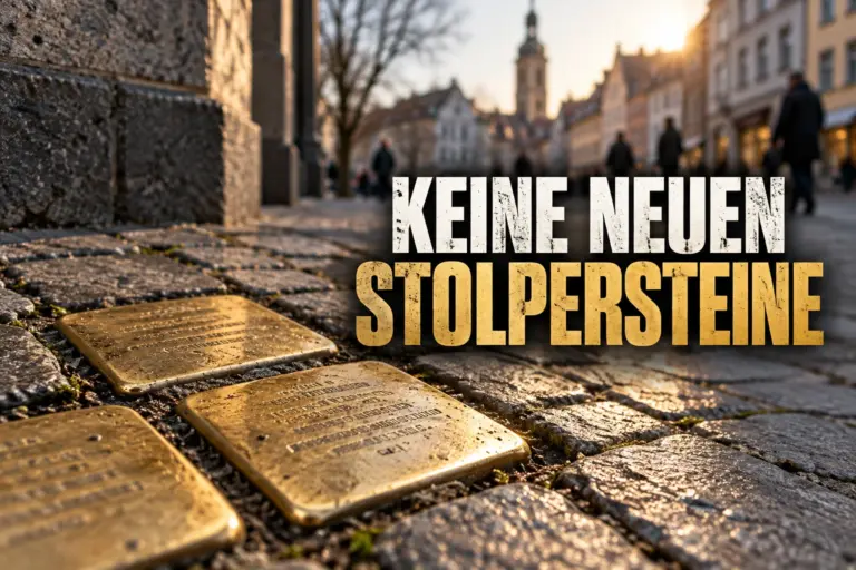 Stolpersteine im Kopfsteinpflaster mit der Überschrift „Keine neuen Stolpersteine“