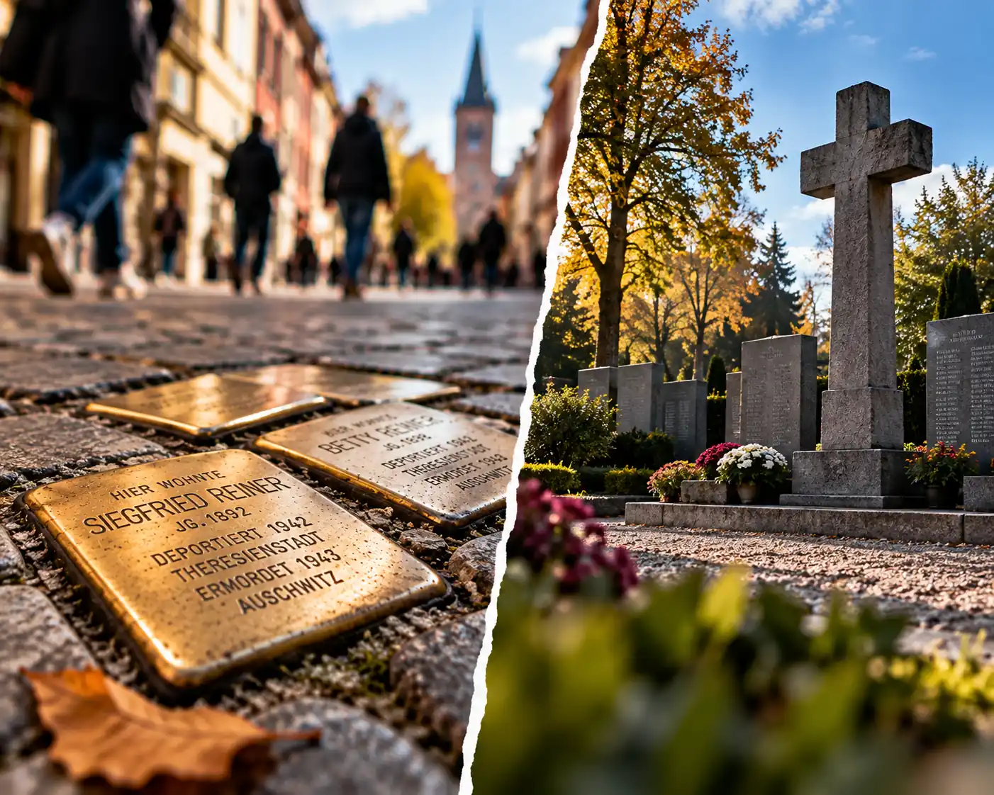 Wohnort oder Gedenkort Symbolische Gegenüberstellung von Stolpersteinen im Straßenraum und einem zentralen Gedenkort auf einem Friedhof