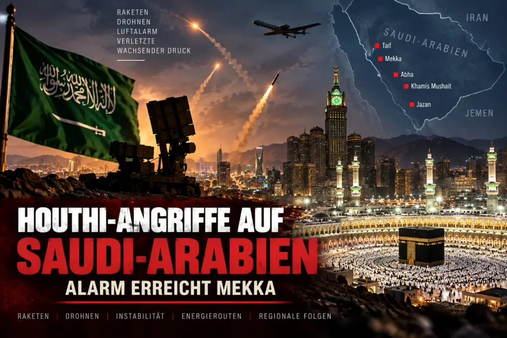 Symbolische Darstellung zu Houthi-Angriffen auf Saudi-Arabien mit Luftabwehr, Drohnen, Mekka und markierten saudischen Städten
