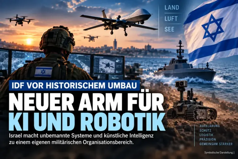 IDF vor historischem Umbau: Neuer Arm für KI und Robotik 5 Israelischer Soldat vor Kontrollbildschirmen mit Drohnen, unbemanntem Patrouillenboot, Bodenroboter und israelischer Flagge