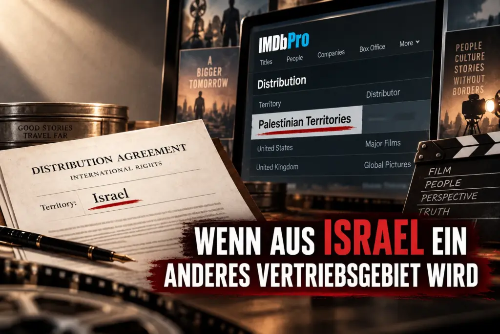 Symbolische Darstellung eines Israel-Vertriebsvertrags neben einer IMDbPro-Anzeige mit „Palestinian Territories“