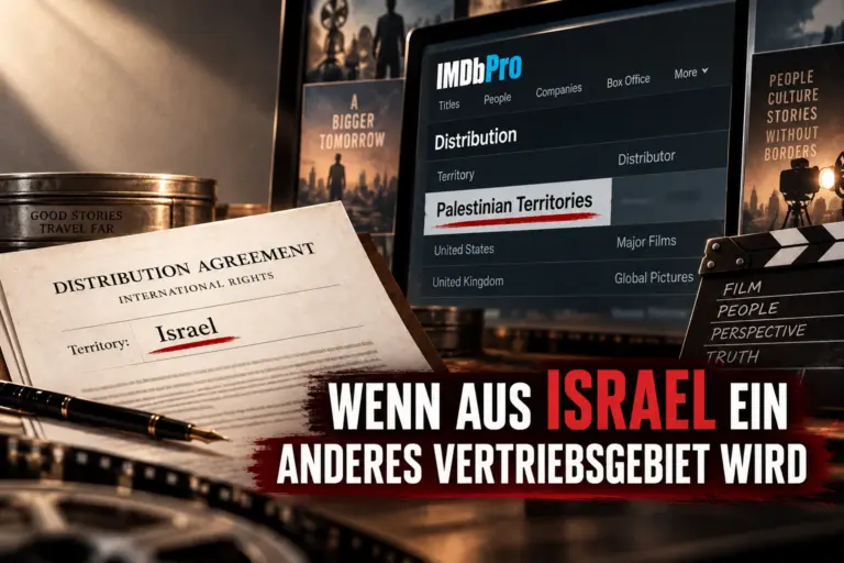 IMDbPro: Wenn aus Israel ein anderes Vertriebsgebiet wird 5 Symbolische Darstellung eines Israel-Vertriebsvertrags neben einer IMDbPro-Anzeige mit „Palestinian Territories“