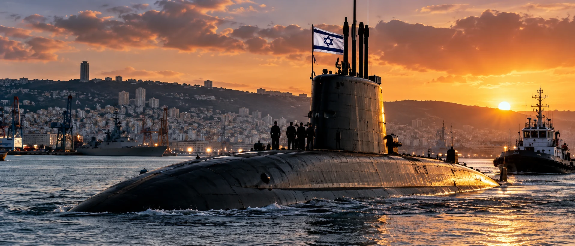 Die INS Drakon ist in Israel angekommen INS Drakon mit israelischer Flagge und Schlepper bei Sonnenuntergang vor Haifa