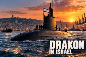 INS Drakon mit israelischer Flagge bei Sonnenuntergang im Hafen von Haifa