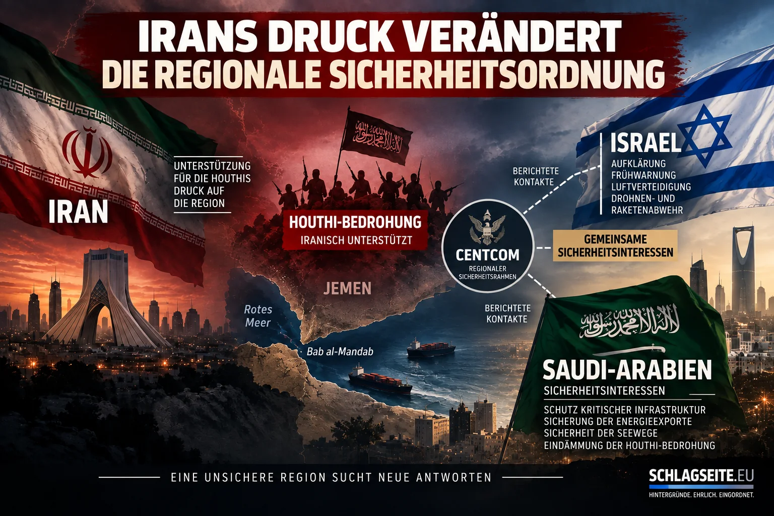Irans Druck verändert die regionale Sicherheitsordnung Infografik zu Irans Einfluss, der Houthi-Bedrohung und berichteten Sicherheitskontakten zwischen Saudi-Arabien, Israel und CENTCOM