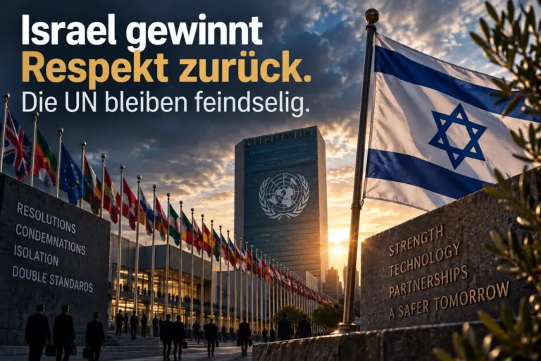 Israelische Flagge vor dem UN-Hauptquartier mit der Schlagzeile über Israels wachsenden Respekt und anhaltende UN-Feindseligkeit.