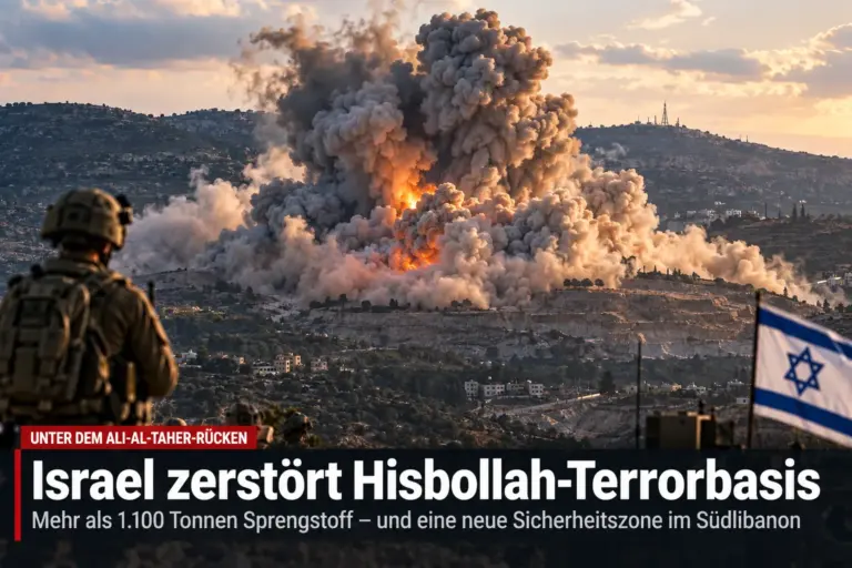 Israel sprengt Hisbollah-Tunnel und festigt Sicherheitszone 4 Symbolische Darstellung einer Explosion im Südlibanon mit israelischen Soldaten und Flagge im Vordergrund.