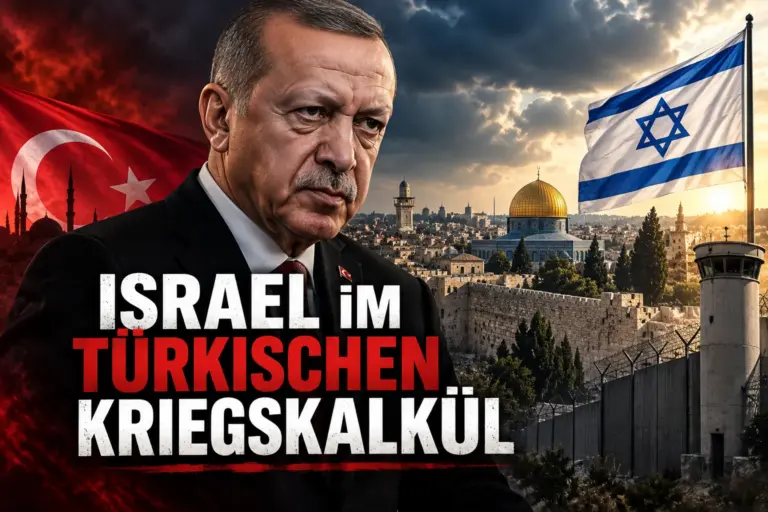 Israel im türkischen Kriegskalkül: Ankara plant den Ernstfall 7 Recep Tayyip Erdogan vor türkischer Flagge, Jerusalem und israelischer Flagge als Symbol für Ankaras strategischen Blick auf Israel.