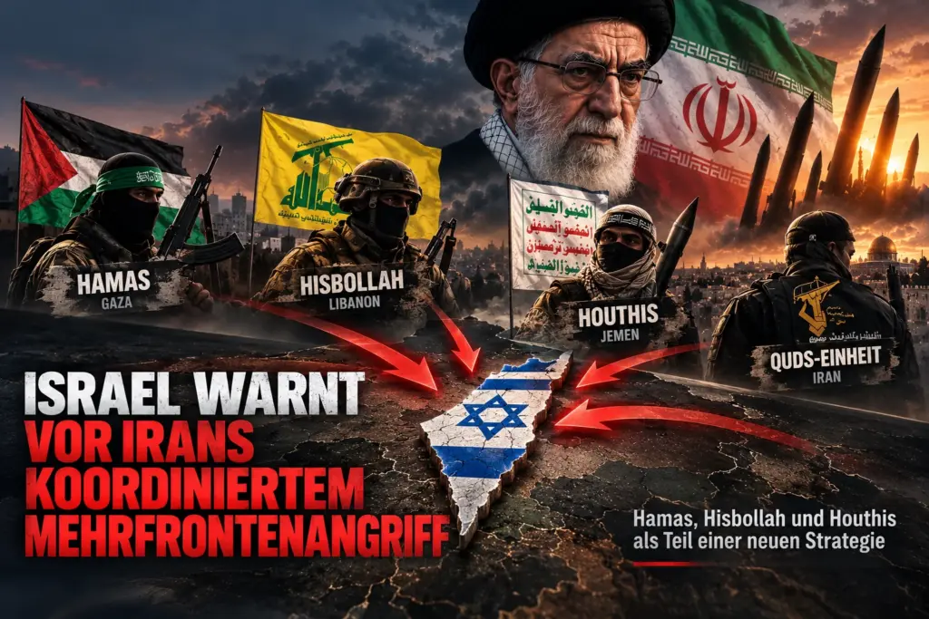 Symbolische Darstellung von Iran, Hamas, Hisbollah und Houthis mit Angriffspfeilen auf Israel.