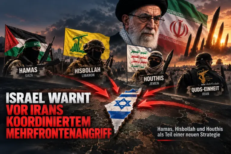 Symbolische Darstellung von Iran, Hamas, Hisbollah und Houthis mit Angriffspfeilen auf Israel.