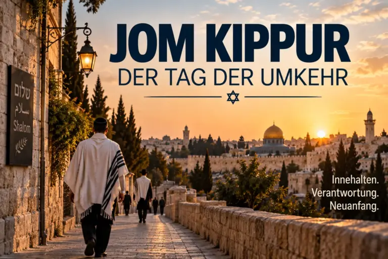 Jüdische Männer mit Tallit auf einem Weg in Jerusalem bei Sonnenuntergang, symbolische Darstellung zu Jom Kippur