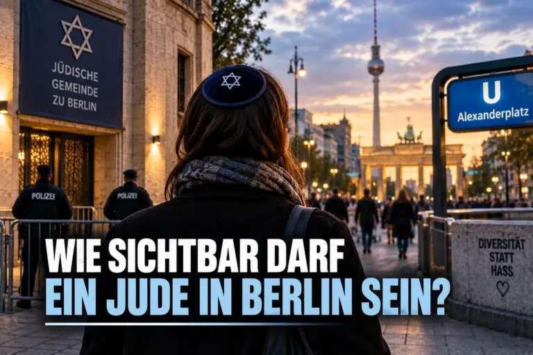 Jüdische Person mit Kippa vor Berliner Stadtkulisse und Polizeischutz, symbolische Darstellung jüdischer Sichtbarkeit