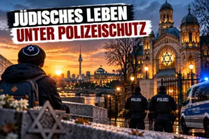 Symbolische Darstellung eines jüdischen Jugendlichen vor Berliner Skyline, Synagoge und Polizeischutz